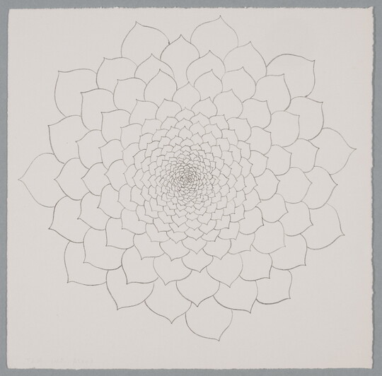 A black-and-white print of a radial mandala line drawing consisting of repeating petal shapes that get smaller toward the center.