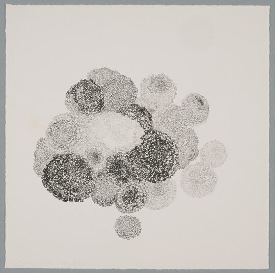 A black-and-white print of fuzzy textured, overlapping round shapes that vary from dark to light in value.