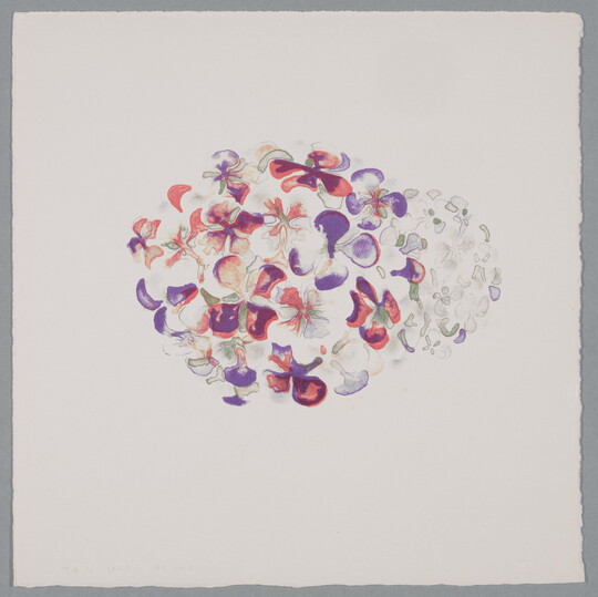 A color print of an abstract oval shape consisting of pink, purple, and green flower petal shapes.