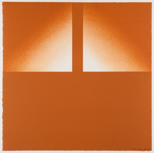 An abstract color print of two squares with white-to-orange gradients in the top half on a solid orange background.