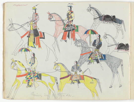A stylized drawing of a group of multi-colored horses, most with riders dressed in Indigenous clothing.