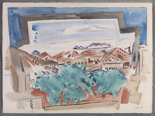 An abstract watercolor of adobe structures among green trees, red rocks, and mountains under blue skies.