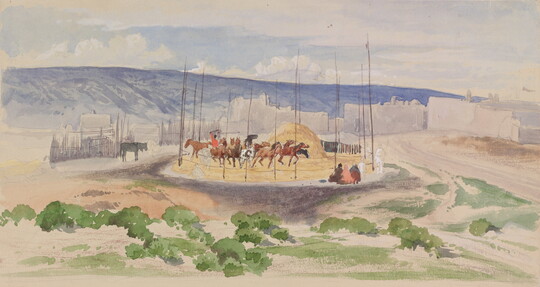 A watercolor painted in a loose style of horses in a circular corral trampling mounds of wheat as people watch, adobe buildings in the background.
