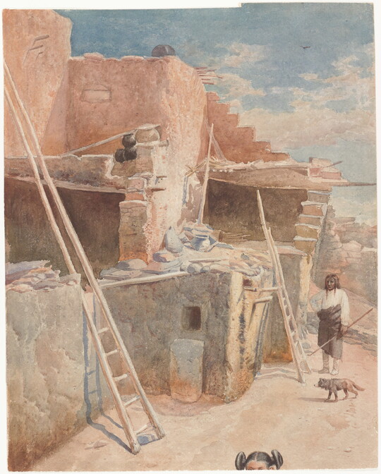 A watercolor of an Indigenous person and a dog standing outside of a multi-story pueblo.