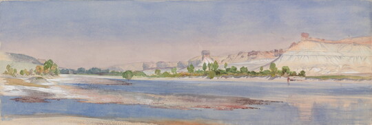 A landscape watercolor of a wide and calm river with white cliffs in the distance.