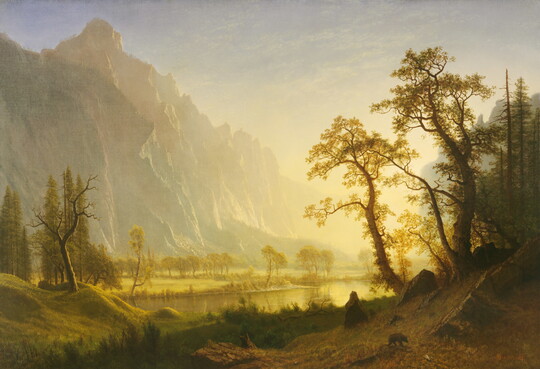 An oil painting of sunlight flooding a mountain valley filled with trees and a lake.