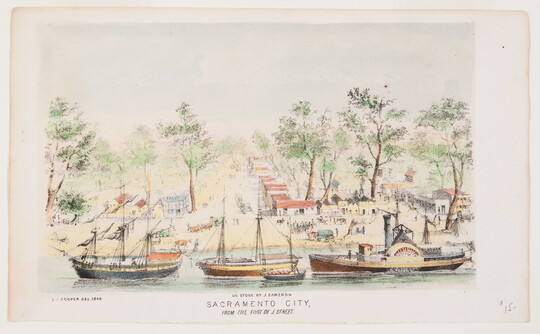 A color print of four boats on a waterfront next to a town.
