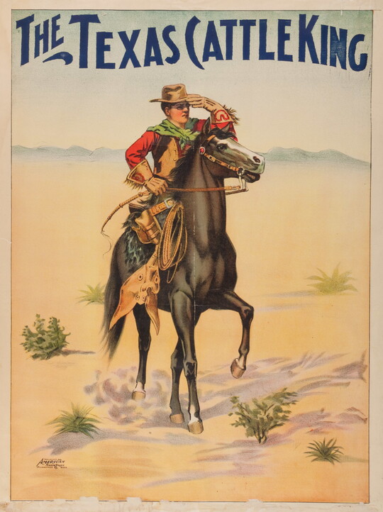 A color print of a White cowboy on horseback holding up a gloved hand up to shield his eyes in a desert landscape.