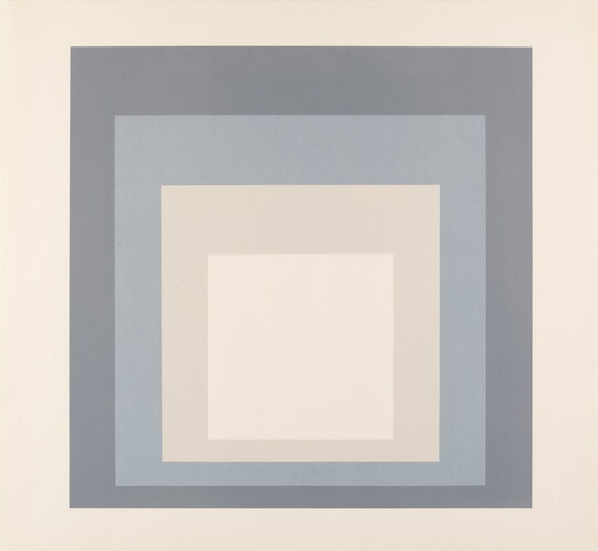 An abstract color print of four squares nested from largest to smallest in gray, blue, cream, and white.