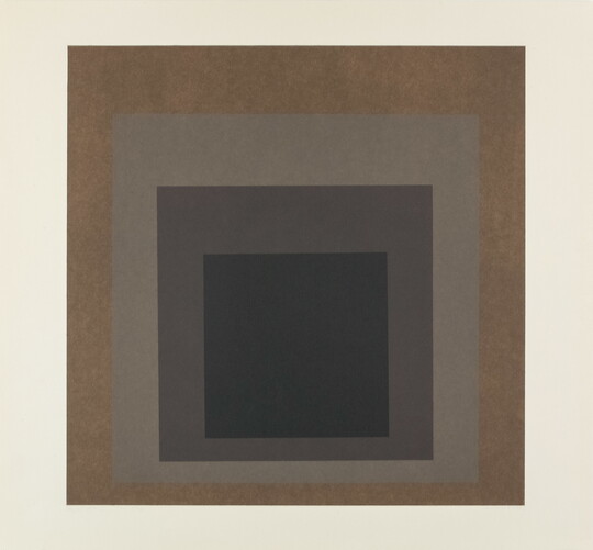 An abstract color print of four squares nested from largest to smallest in brown, light gray, dark gray, and black.