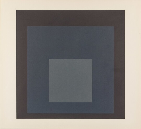 An abstract color print of three squares nested from largest to smallest in brown, blue, and light blue.