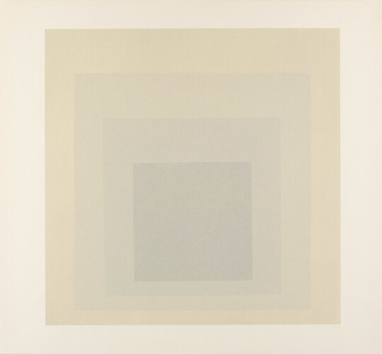 An abstract color print of four squares nested from largest to smallest in tan, light gray, medium gray, and dark gray.