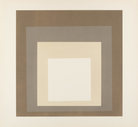 An abstract color print of four squares nested from largest to smallest in brown, gray, cream, and white.