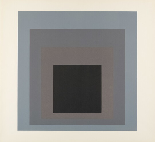 An abstract color print of four squares nested from largest to smallest in blue, gray, brown, and black.