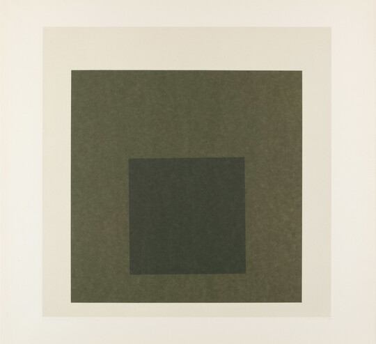 An abstract color print of three squares nested from largest to smallest in cream, green, and dark green.