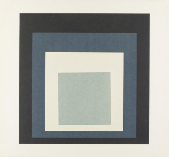 An abstract color print of four squares nested from largest to smallest in brown, blue, cream, and gray.