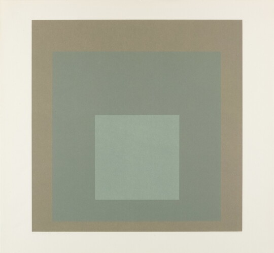 An abstract color print of three squares nested from largest to smallest in brown, green, and light green.