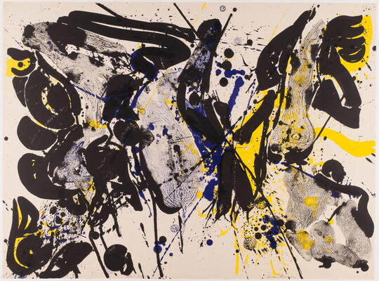 An abstract color print of black brushstrokes and splatters with splotches of yellow and blue.