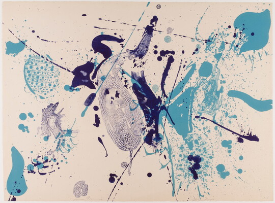 An abstract color print of blue and violet paint splatters.