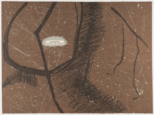 An abstract color print of various black lines and a white symbol that resembles omega on a brown background with white spatters.