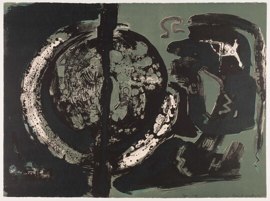 An abstract color print of a white and black circle with a vertical line through it, phi, and other organic shapes in green, white, and black.