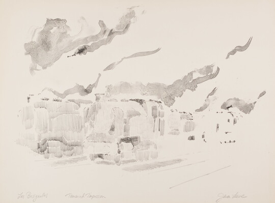 An abstract black-and-white print of a cityscape with cloud-like shapes above the buildings.