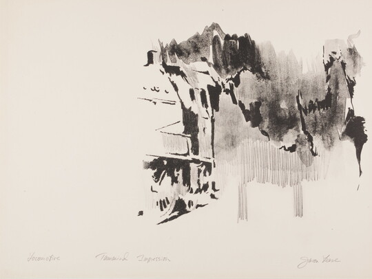 An abstract black-and-white print of gestural brushstrokes suggestive of a locomotive arriving from the right side of the paper.