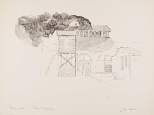 A black-and-white print of a train shed, tracks leading to one of the doors, and smoke coming out of the roof windows.