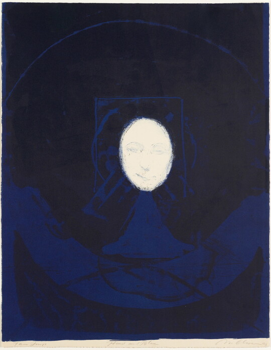 A color print of a white oval with an abstracted human face in the middle of a dark blue background with lighter blue lines and shapes.