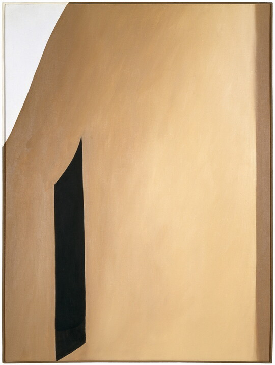 An abstract oil painting of a black doorway on the side of an adobe structure.