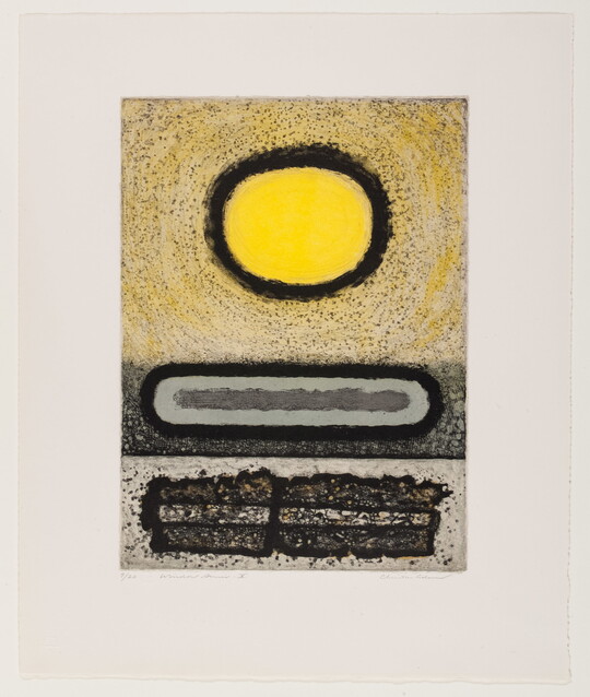 An abstract color print of a yellow sun with a thick black outline floating above textured rectangular and oval shapes on a speckled background.