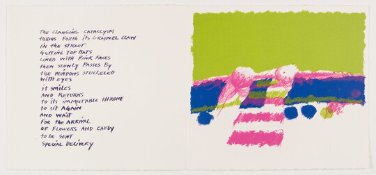 An abstract color print with a handwritten poem on the left; on the right, an abstract illustration with bright green, pink, and blue rectangles and circles.