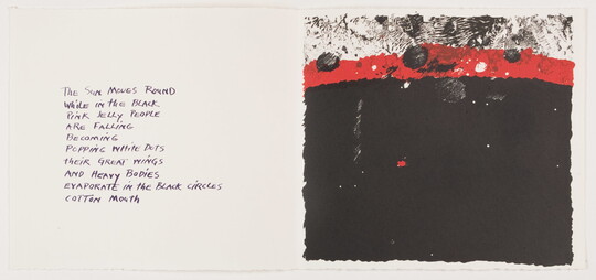 An abstract color print with a handwritten poem on the left; on the right, a rough black square topped with a thick red line, and black circular shapes and textures.