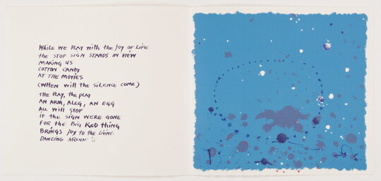 An abstract color print with a handwritten poem on the left; on the right, a blue block of color with blue, white, and gray paint splatters.