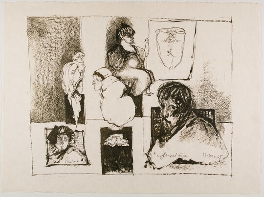 A black-and-white print of vignettes of various human figures.