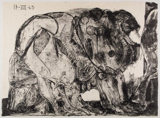 An abstract black-and-white print of a grotesque monster-like figure illustrated with textured lines and smudges.