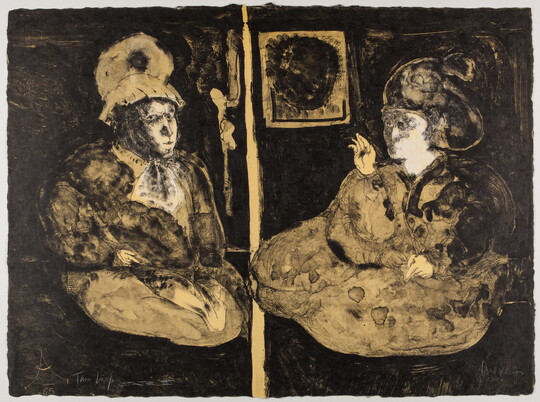 An abstract color print of two people seated face-to-face, both wearing large hats, on a black background.