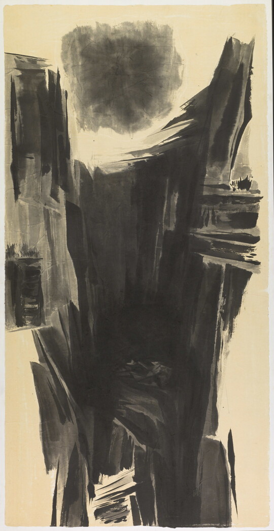 A tall, abstract, black-and-white ink drawing of a landscape made of broad, black strokes with a sun-like shape at the top.