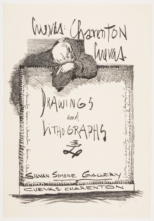 A black-and-white illustration of a man resting against a large sign that says "Drawings and Lithographs."