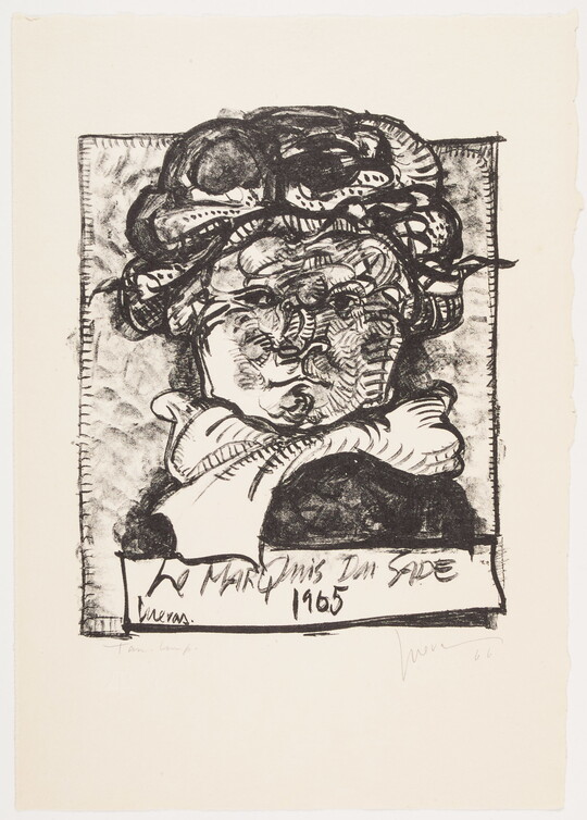 A black-and-white portrait print of a cartoon-like White man frowning.