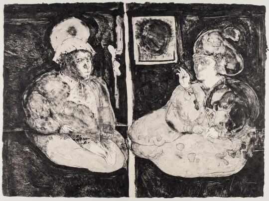 A black-and-white print of two people, both dressed in bulky clothing, seated on the floor facing each other in a small room.