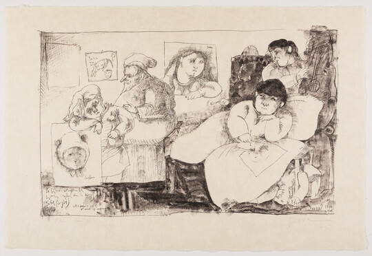A black-and-white print of a group of people engaged in a variety of activities, like drawing and playing music, in a small, crowded room.