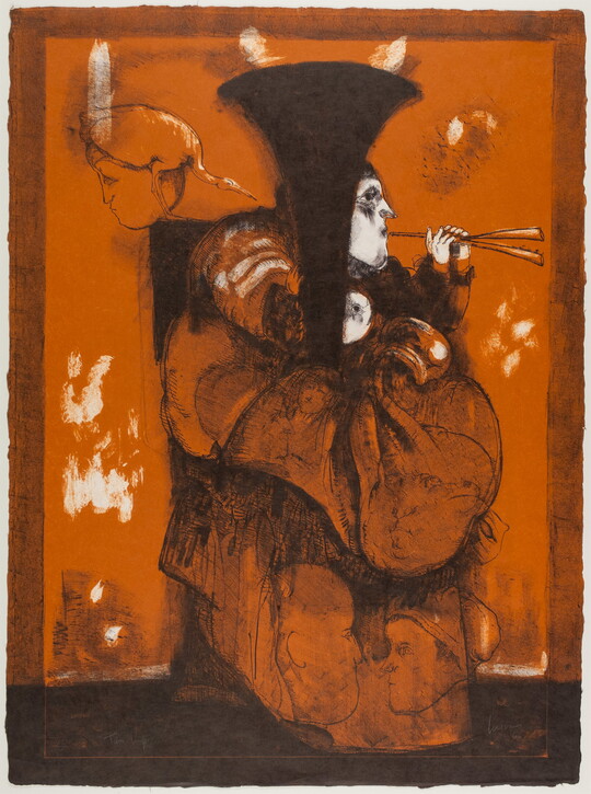 A color print of a figure playing an pipe-like instrument while wearing a black, cone-shaped hat and robe that has many subtle faces on it.