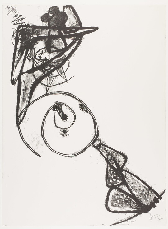 An abstract black-and-white print featuring triangular and spiral shapes flowing diagonally from top left to lower right.