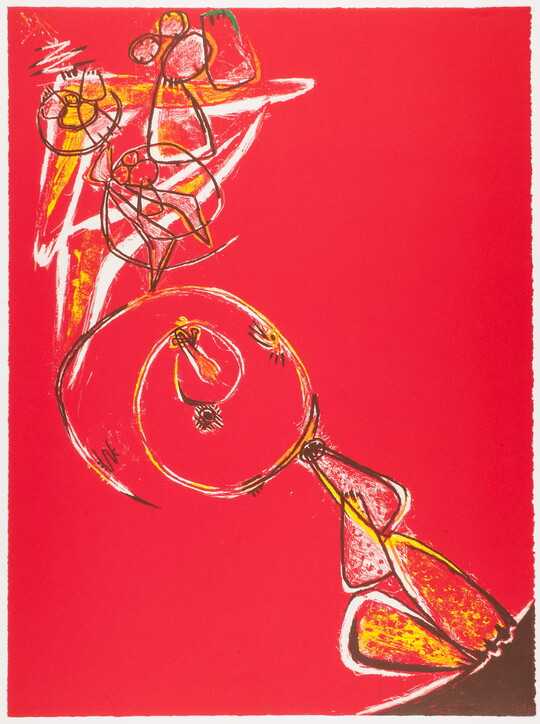 An abstract color print featuring triangular and spiral shapes in yellow, white, and black on a bright red background flowing diagonally from top left to lower right.