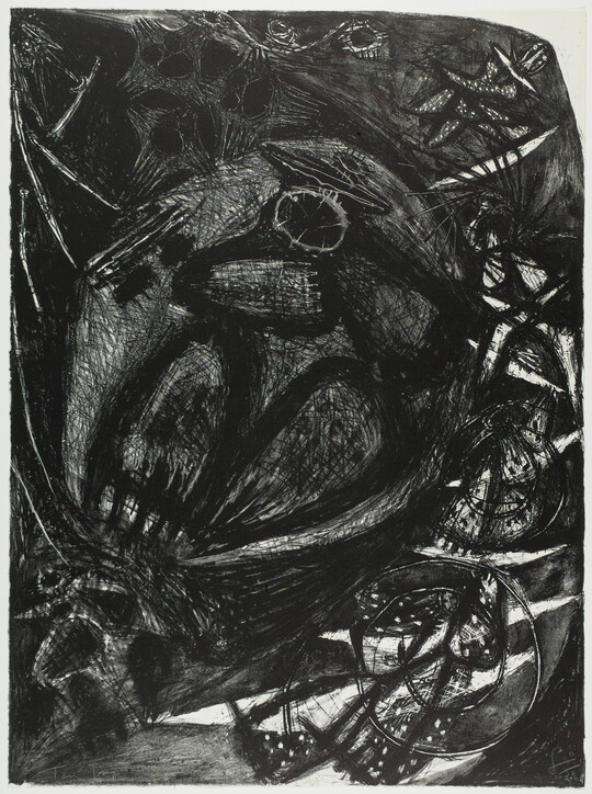 An abstract black-and-white print of many organic shapes, mostly circles and ovals, arranged to suggest an insect.