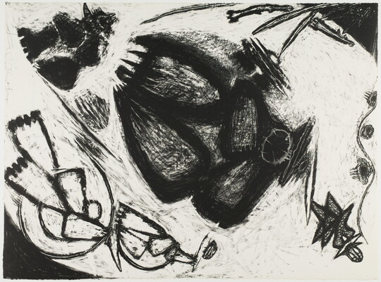 An abstract black-and-white print of organic black shapes and lines on a mostly white field.