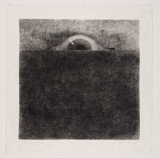 An abstract black-and-white print of an eye rising like the sun from behind a textured dark gray field.