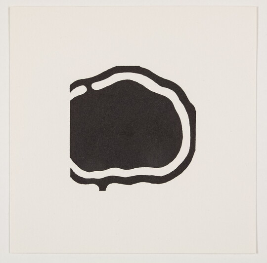 A black-and-white print of an abstract, almost round black shape outlined in white and then outlined in black on a white background.