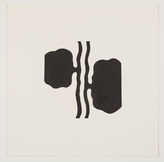 A black-and-white print of abstract black shapes that almost look like kidneys attached to two vertical wavy black lines.